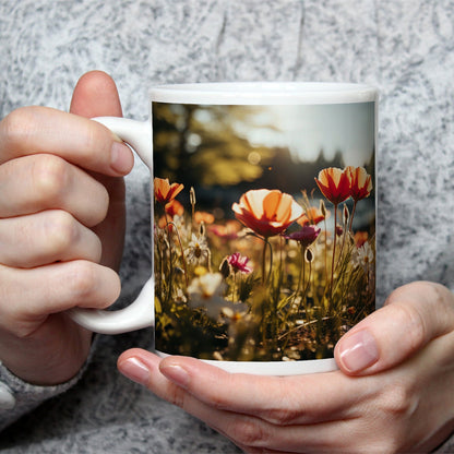 Motivtasse Sonnenstrahlen fluten ein Meer aus leuchtenden Blüten. - deyoli