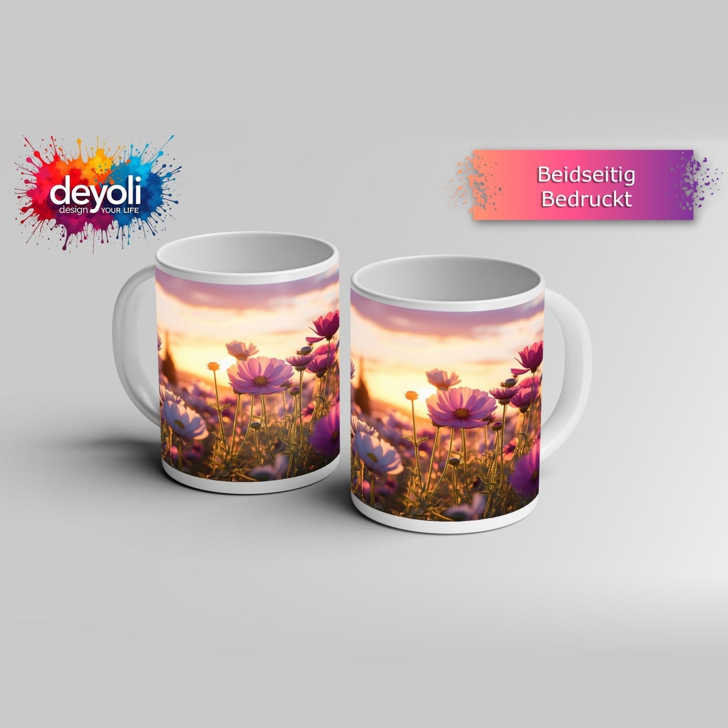Motivtasse Sonnenuntergang küsst ein Meer aus zarten Kosmeen. - deyoli
