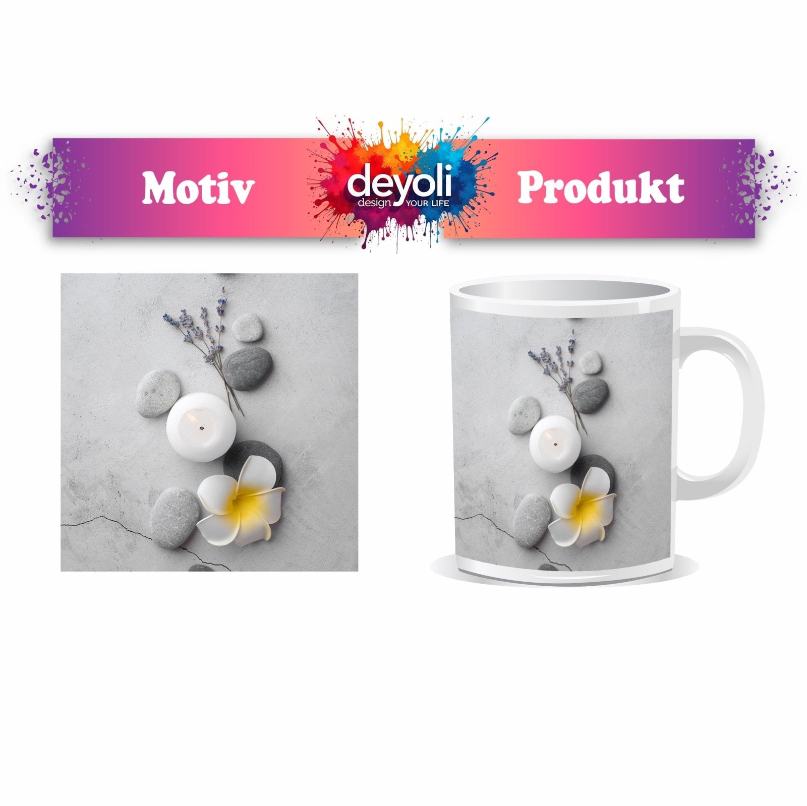Motivtasse Stille Schönheit mit Stein, Lavendel und Kerzenlicht. - deyoli