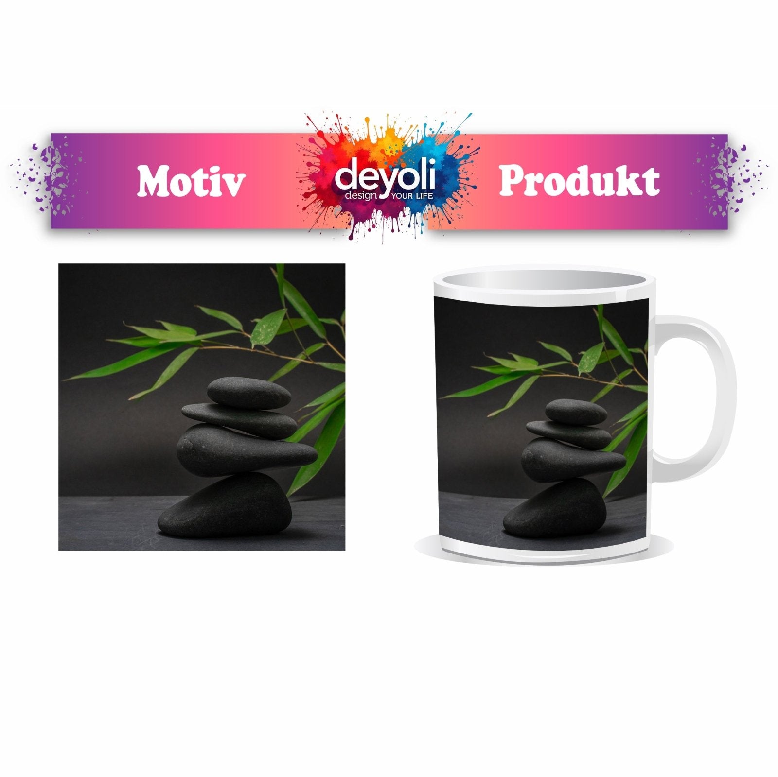 Motivtasse Stilles Gleichgewicht – dunkle Steine vor Bambusgrün. - deyoli