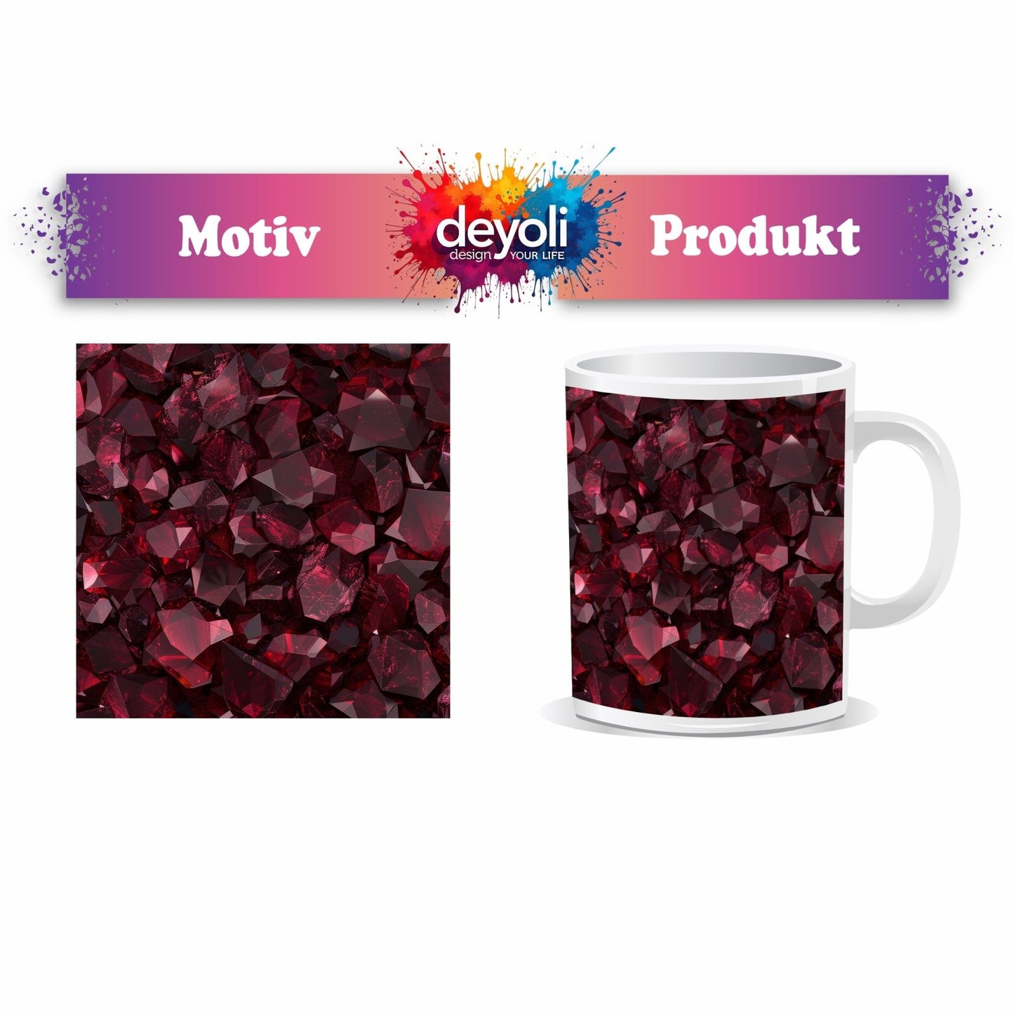 Motivtasse Tiefrote Edelsteine funkeln in mystischer Dichte. - deyoli