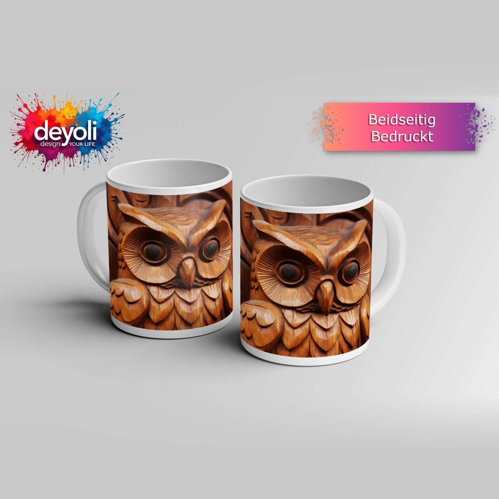Motivtasse Weisheit aus Holz – die Eule blickt mit ruhiger Tiefe. - deyoli