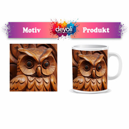 Motivtasse Weisheit aus Holz – die Eule blickt mit ruhiger Tiefe. - deyoli
