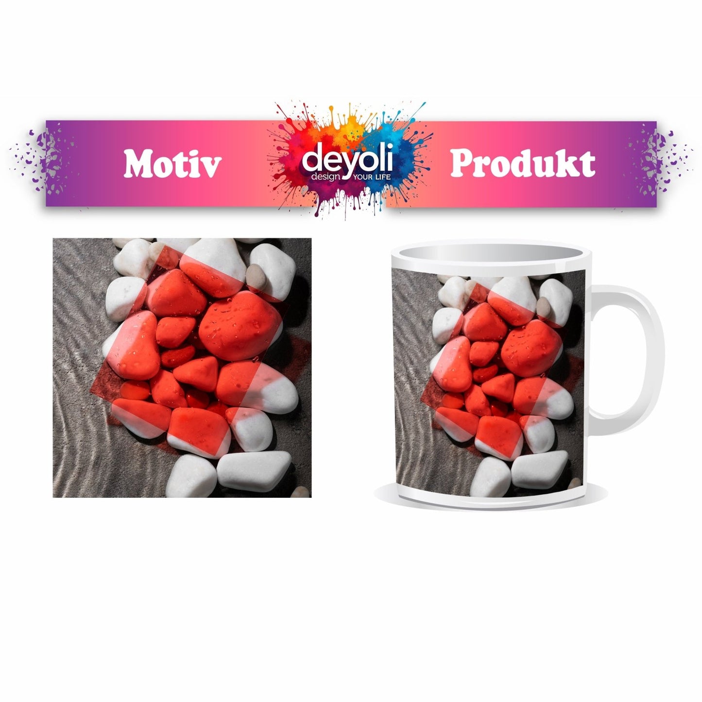 Motivtasse Weiße Kiesel, roter Filter – Kunst im Zen - Gewand. - deyoli