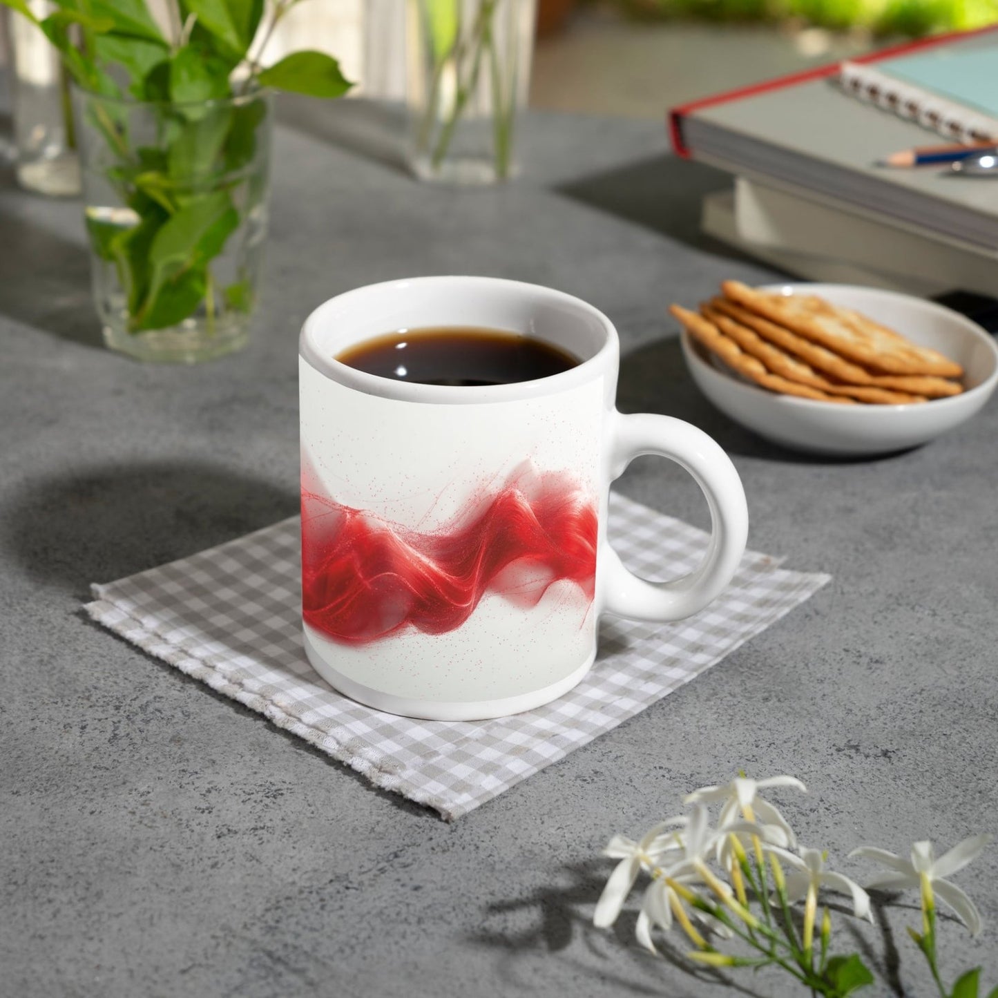 Motivtasse Zarter Schimmer aus rotem Licht, schwerelos im Raum. - deyoli