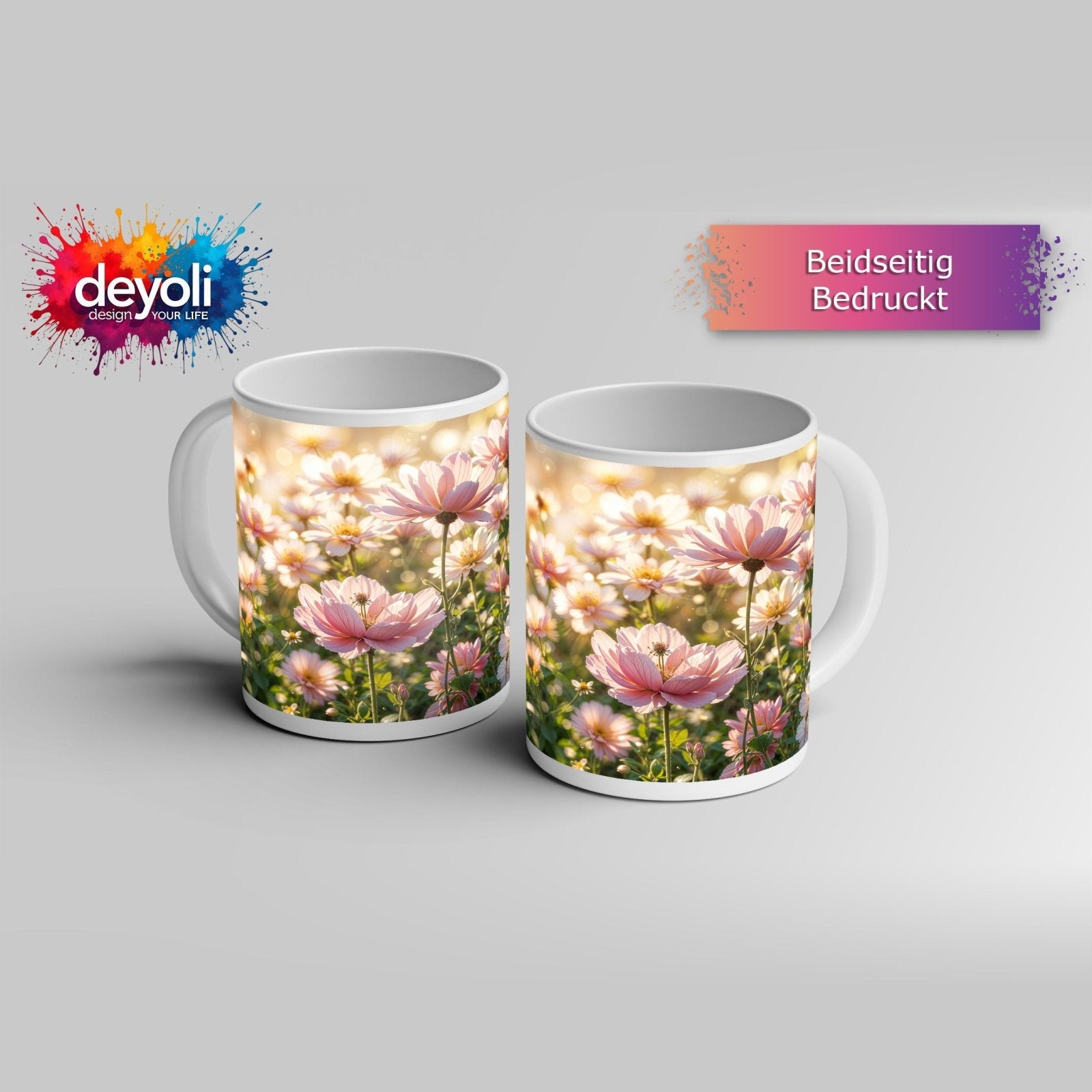 Motivtasse Zartrosa Blüten tanzen im goldenen Licht des Morgens. - deyoli