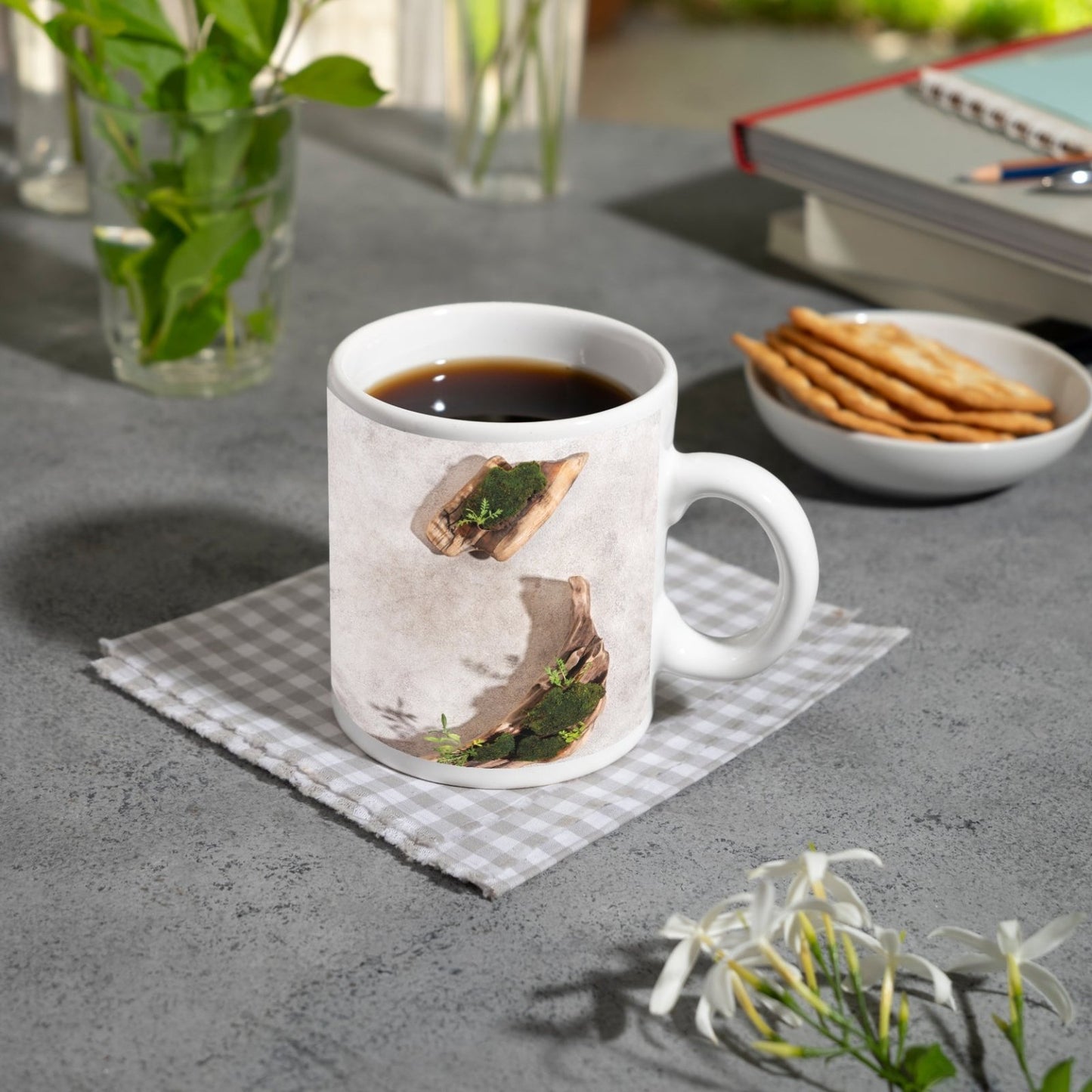 Motivtasse Zen trifft Design – Moosgarten auf Treibholz. - deyoli