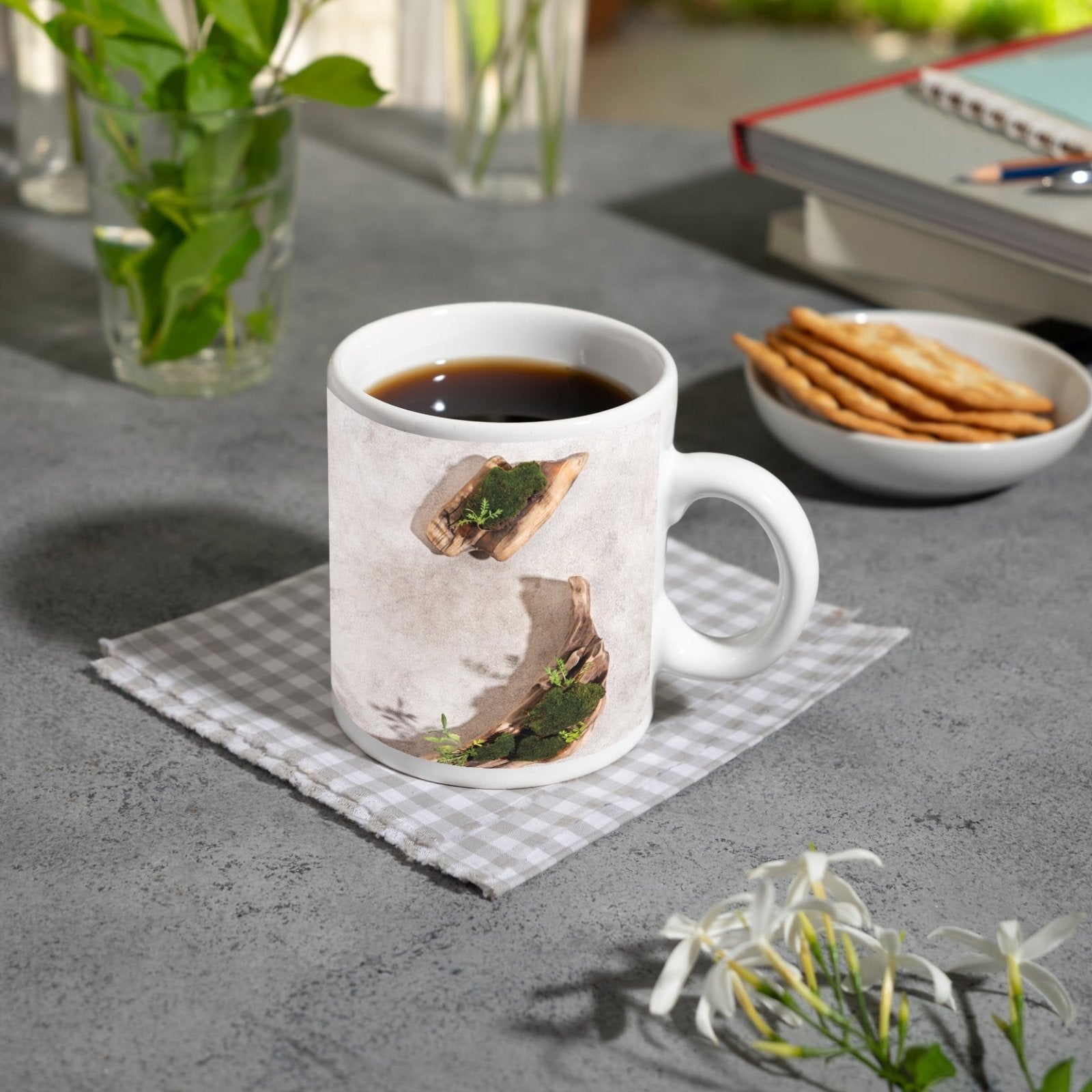 Motivtasse Zen trifft Design – Moosgarten auf Treibholz. - deyoli