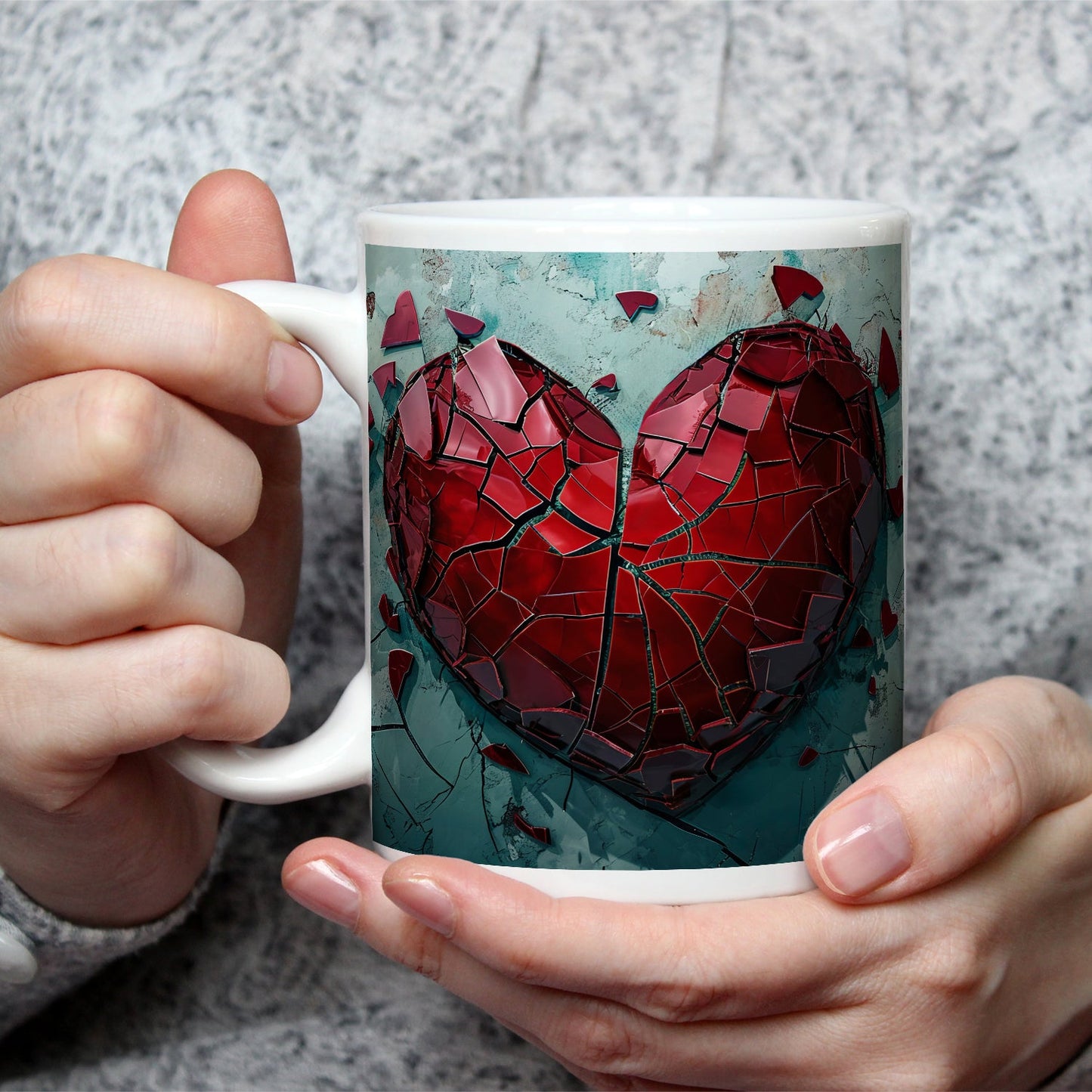 Motivtasse Zerborstenes Herz – Schmerz gemalt in Glas und Wand. - deyoli