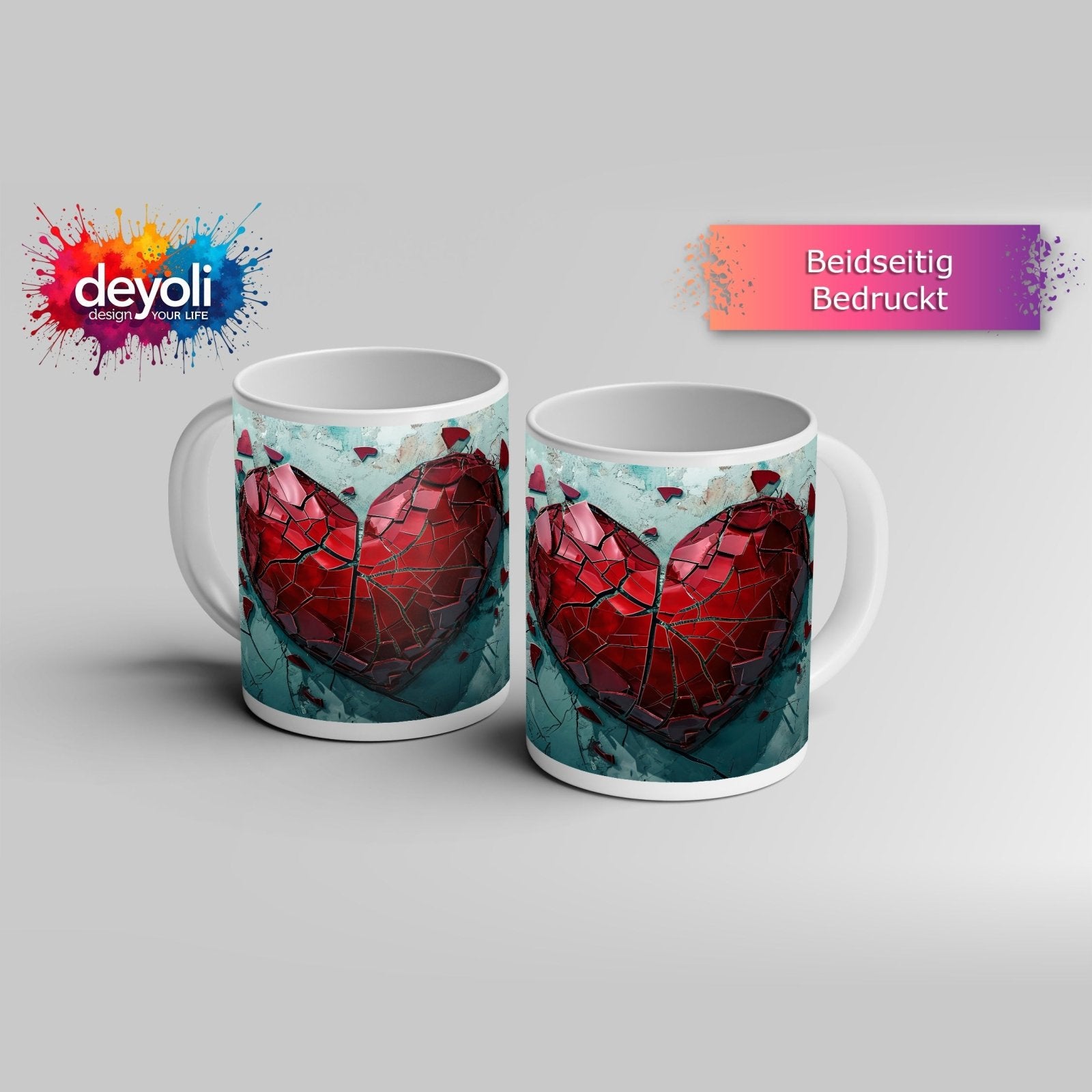 Motivtasse Zerborstenes Herz – Schmerz gemalt in Glas und Wand. - deyoli