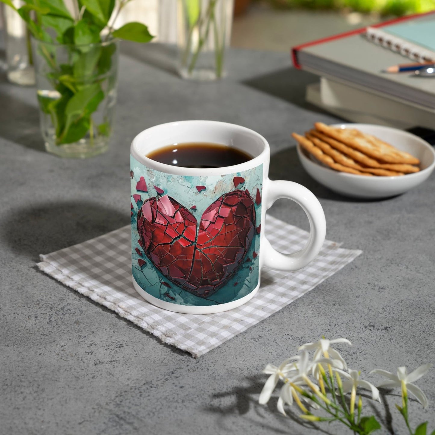 Motivtasse Zerborstenes Herz – Schmerz gemalt in Glas und Wand. - deyoli