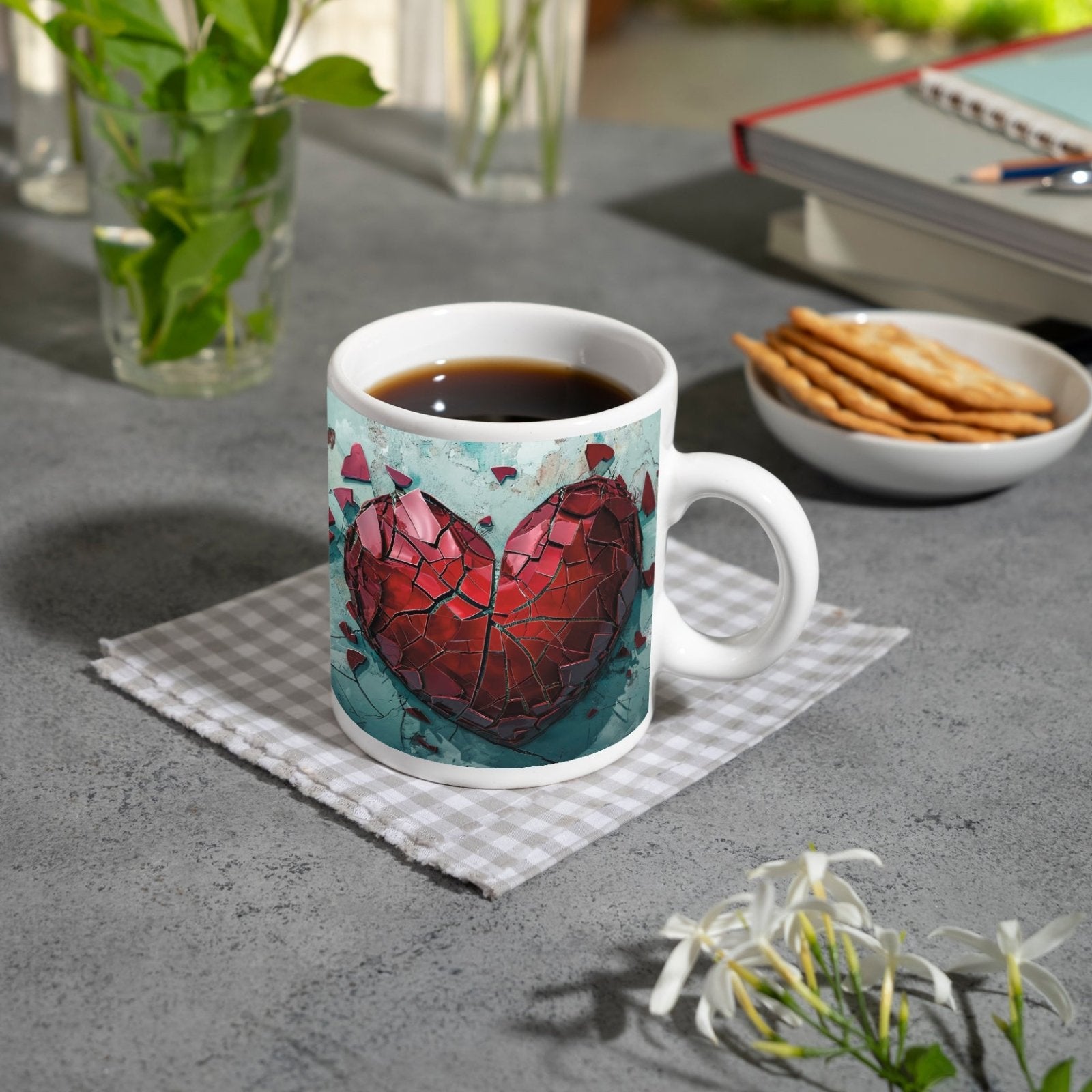 Motivtasse Zerborstenes Herz – Schmerz gemalt in Glas und Wand. - deyoli