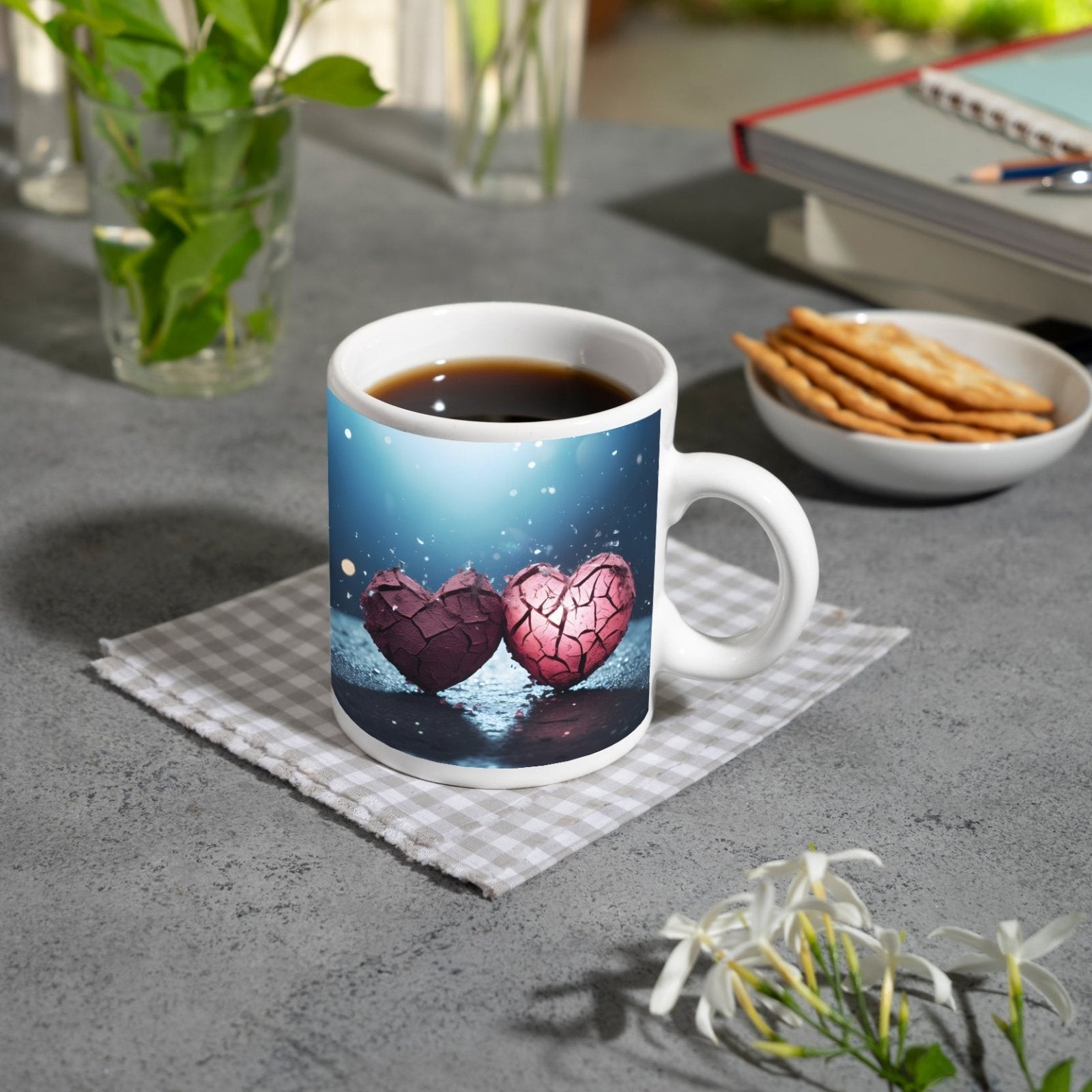Motivtasse Zerbrochene Herzen tanzen im Licht der Hoffnung. - deyoli