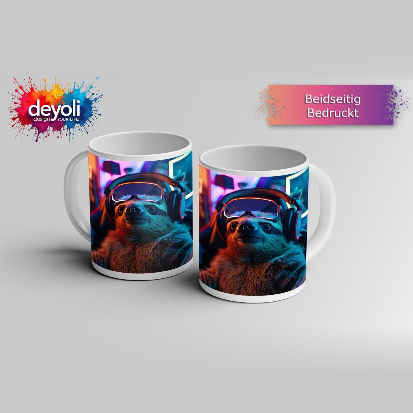 Motivtasse Zocker - Faultier – entspannt im Neonlicht des Spiels. - deyoli