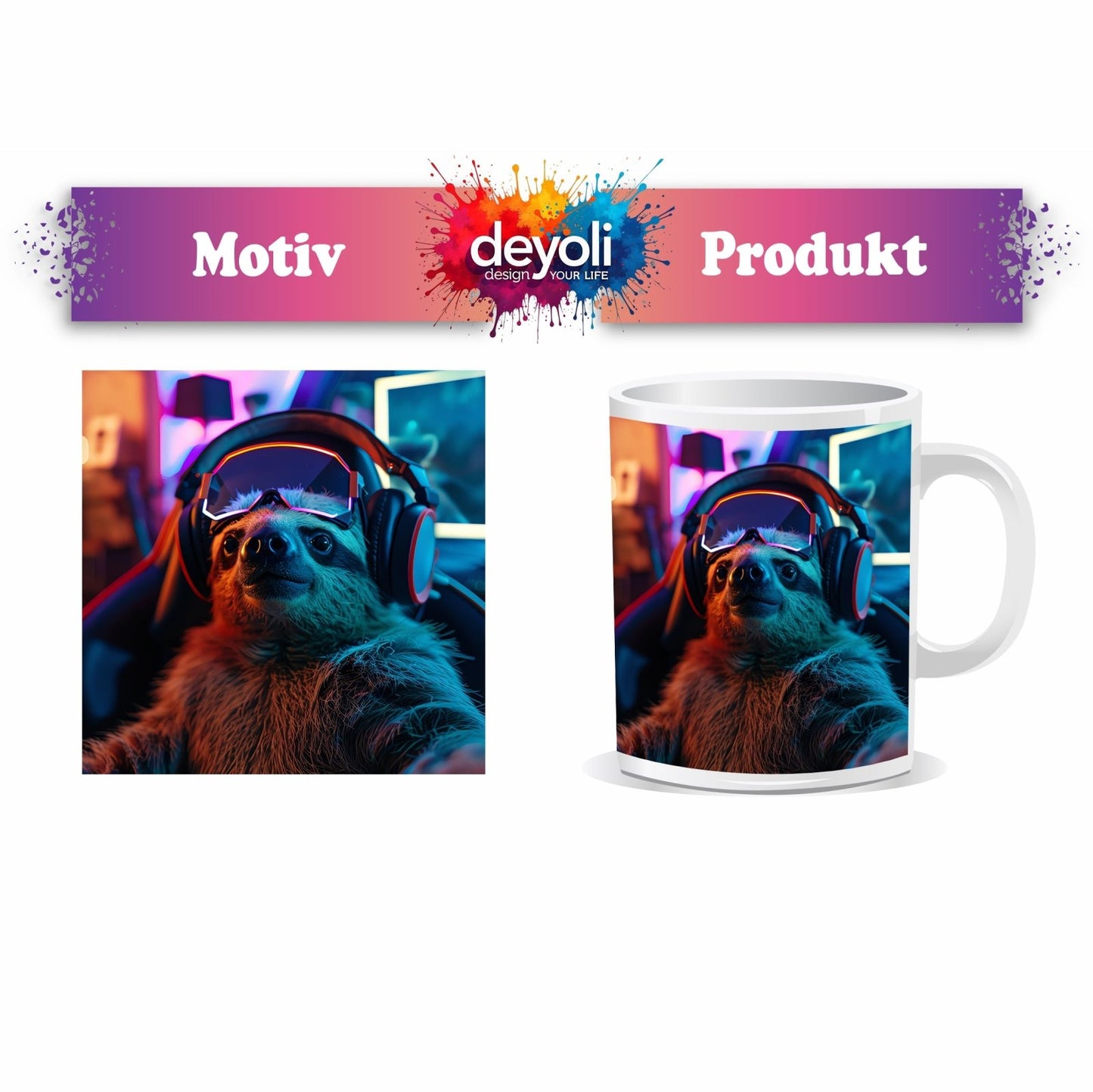 Motivtasse Zocker - Faultier – entspannt im Neonlicht des Spiels. - deyoli