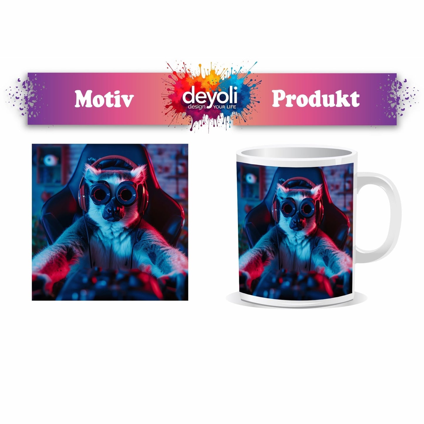 Motivtasse Zocker mit Stil – Lemur im Hightech - Gear an der Tastatur. - deyoli