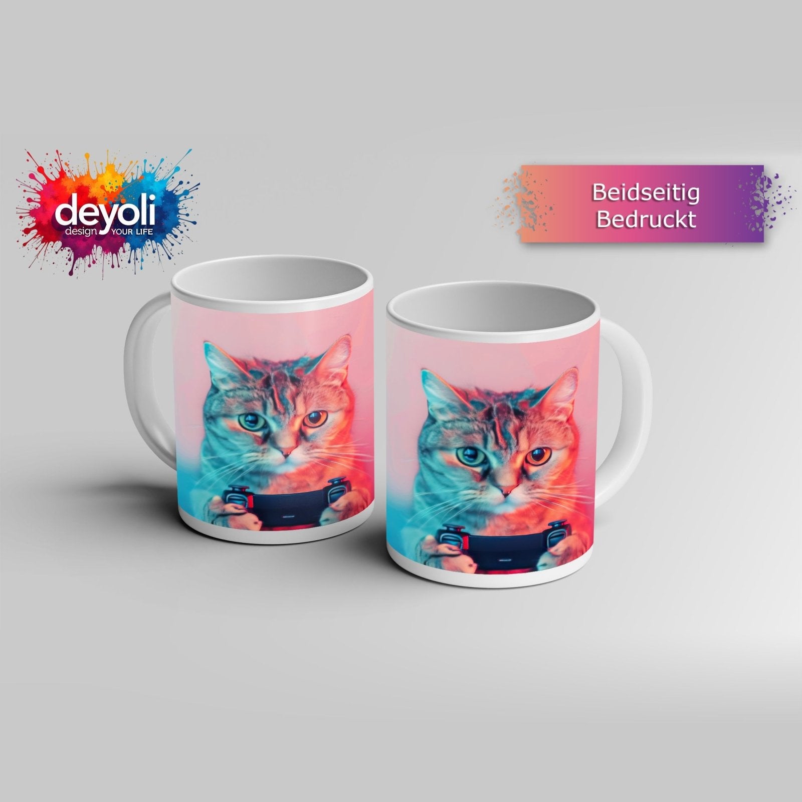 Motivtasse Zockerkatze im Neonlicht – bereit für das nächste Level. - deyoli