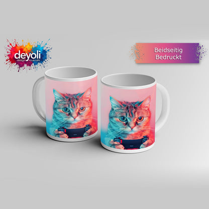 Motivtasse Zockerkatze im Neonlicht – bereit für das nächste Level. - deyoli