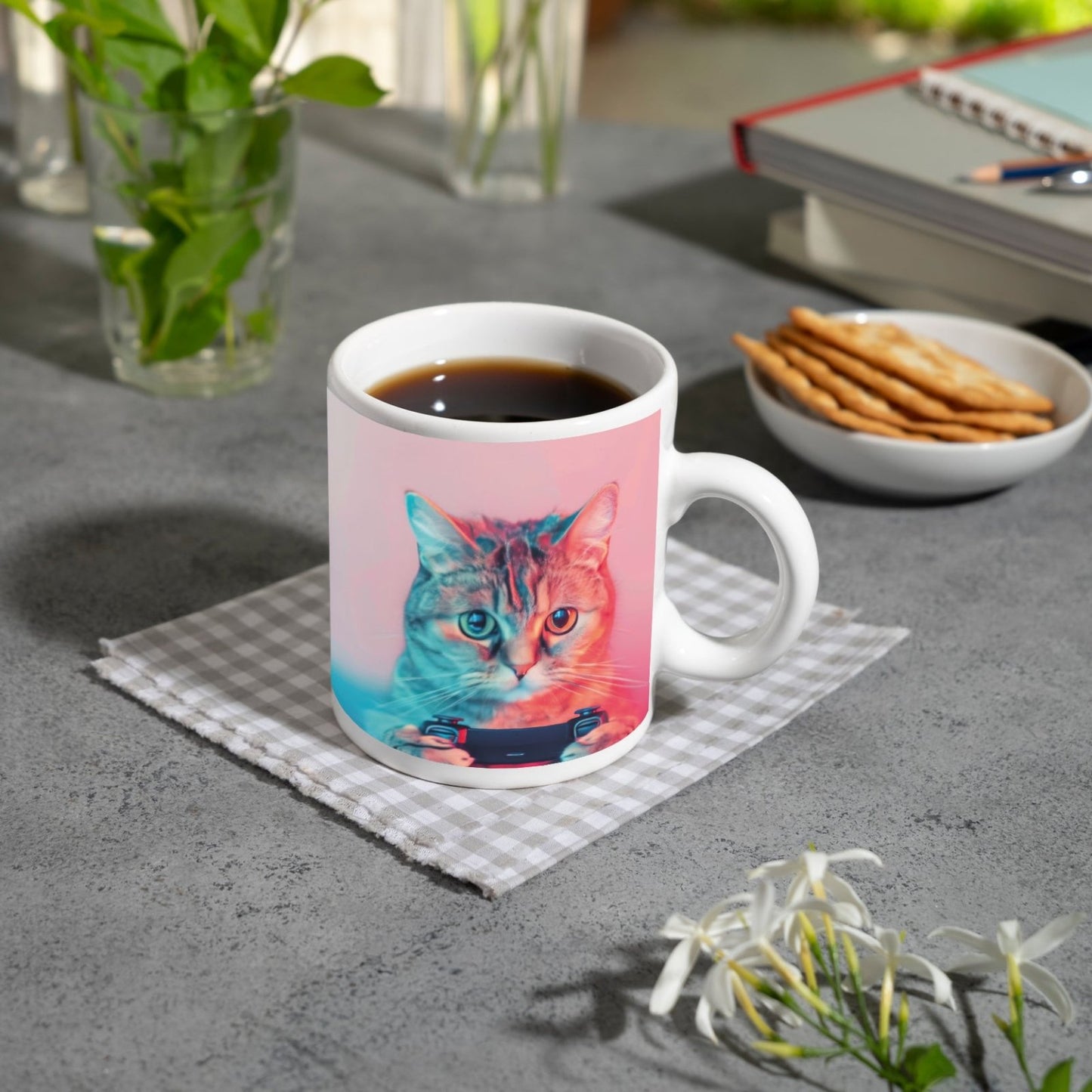 Motivtasse Zockerkatze im Neonlicht – bereit für das nächste Level. - deyoli