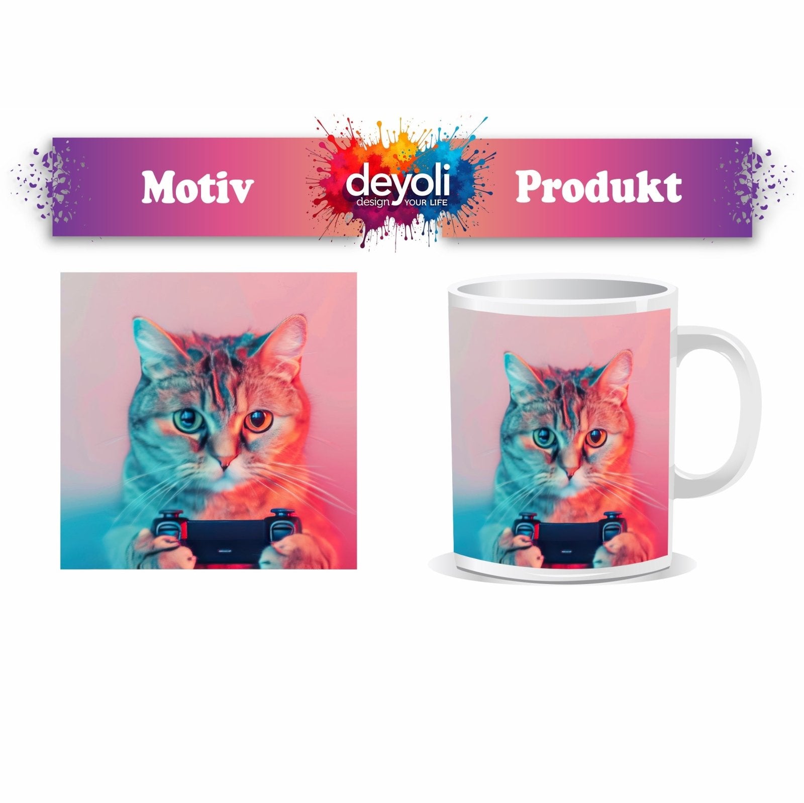 Motivtasse Zockerkatze im Neonlicht – bereit für das nächste Level. - deyoli