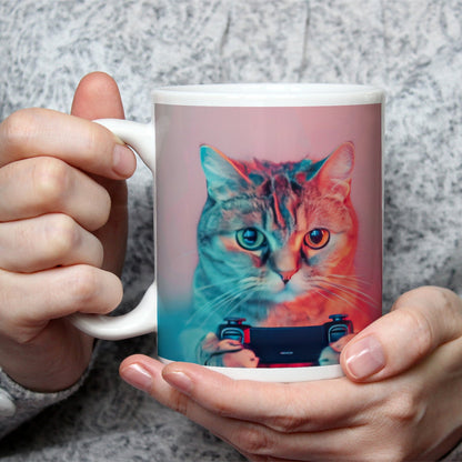 Motivtasse Zockerkatze im Neonlicht – bereit für das nächste Level. - deyoli