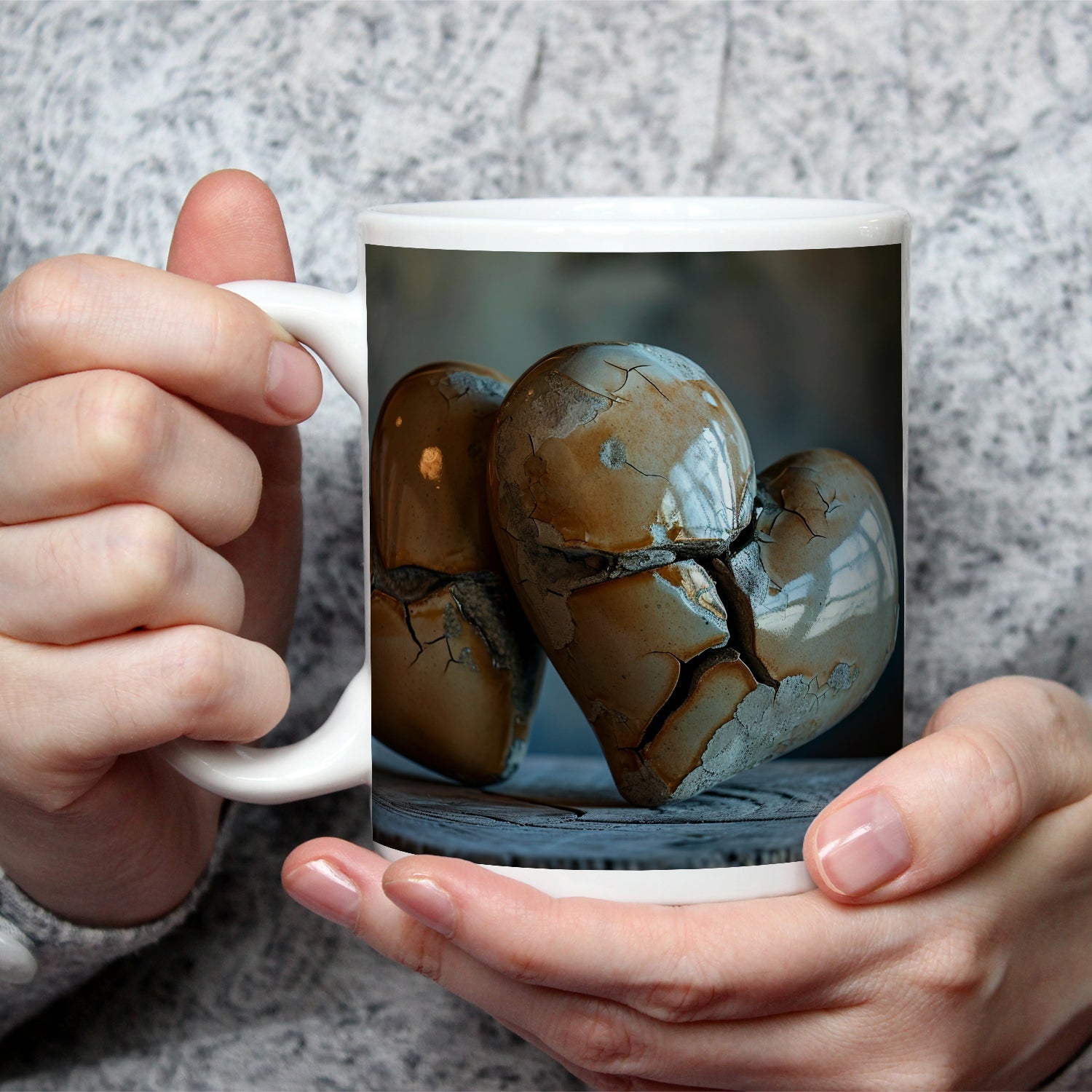 Motivtasse Zwei gebrochene Herzen – vereint in stiller Stärke. - deyoli