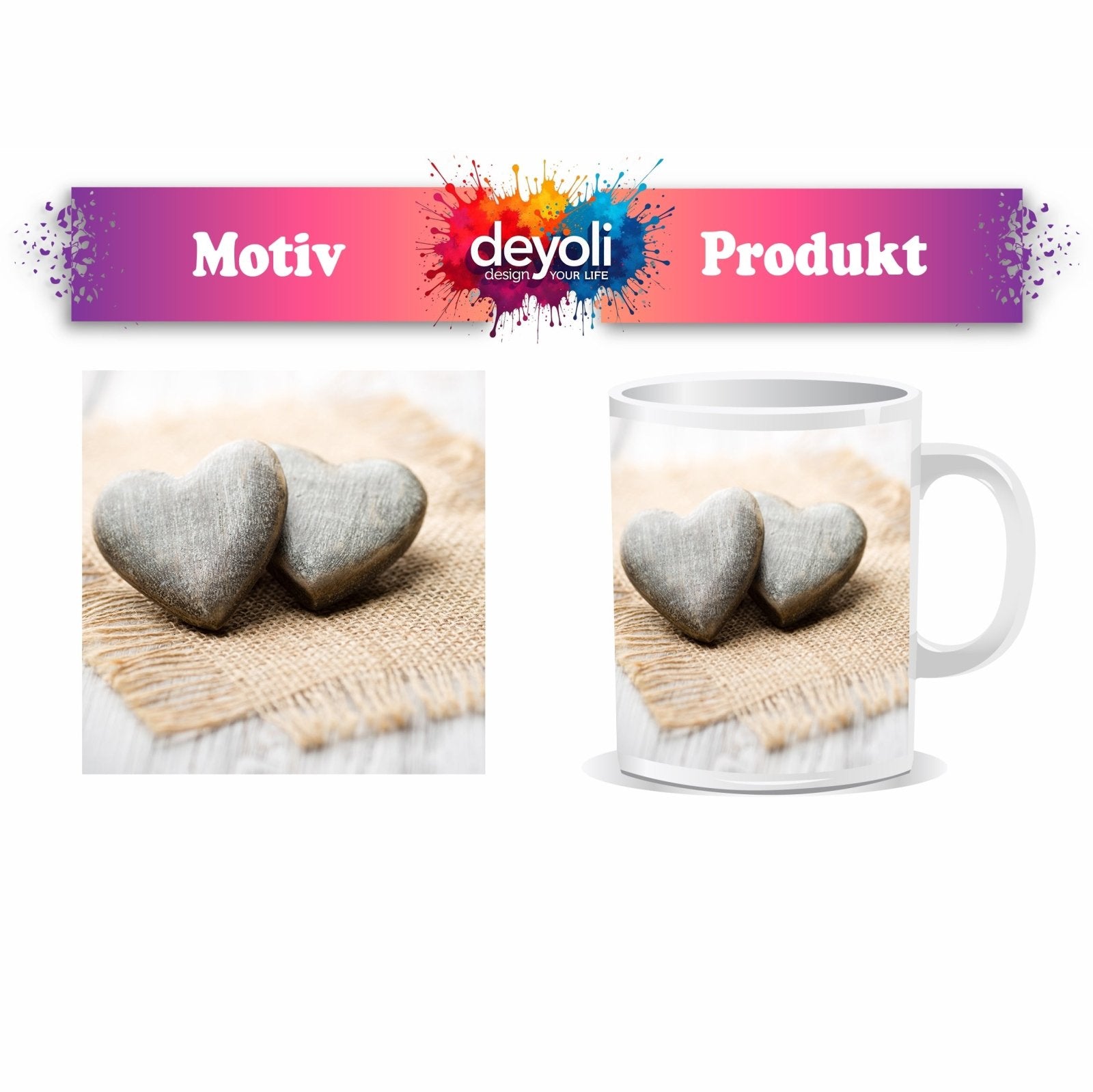 Motivtasse Zwei Steinherzen ruhen auf sanftem Leinengewebe. - deyoli
