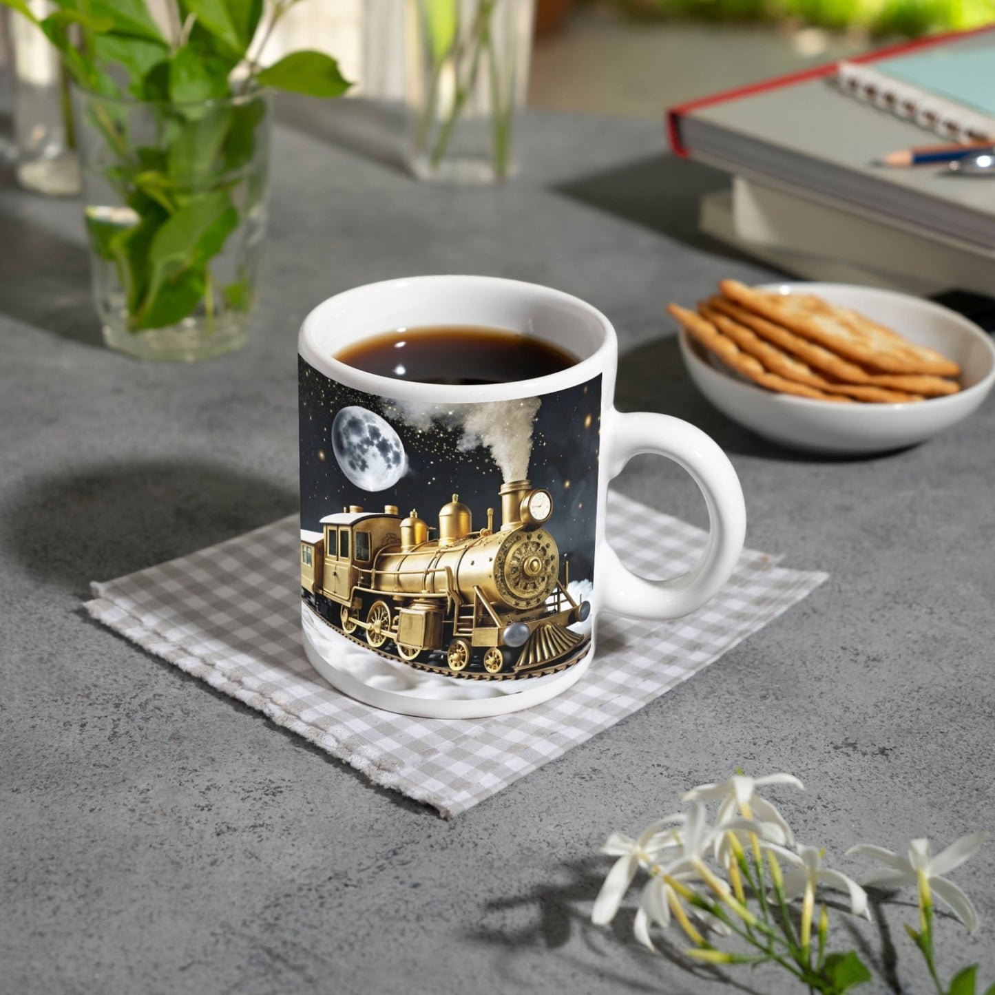 Motivtasse Zwischen Wolken und Sternen fährt der Zug der Fantasie. - deyoli